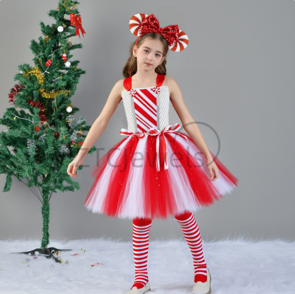 Elf Costume Christmas - Girls Christmas Candy Cane Tutu Dress