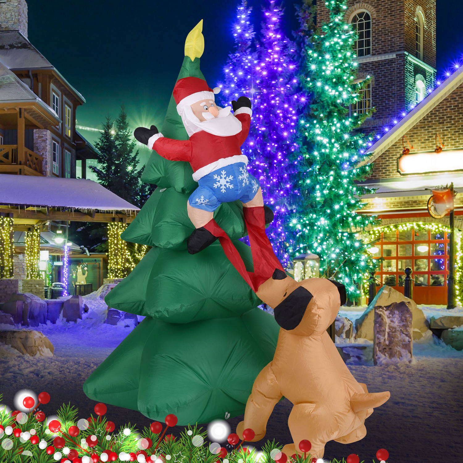 Christmas Lights Outdoor - Christmas Inflatable Dog w/Santa Claus Climbing