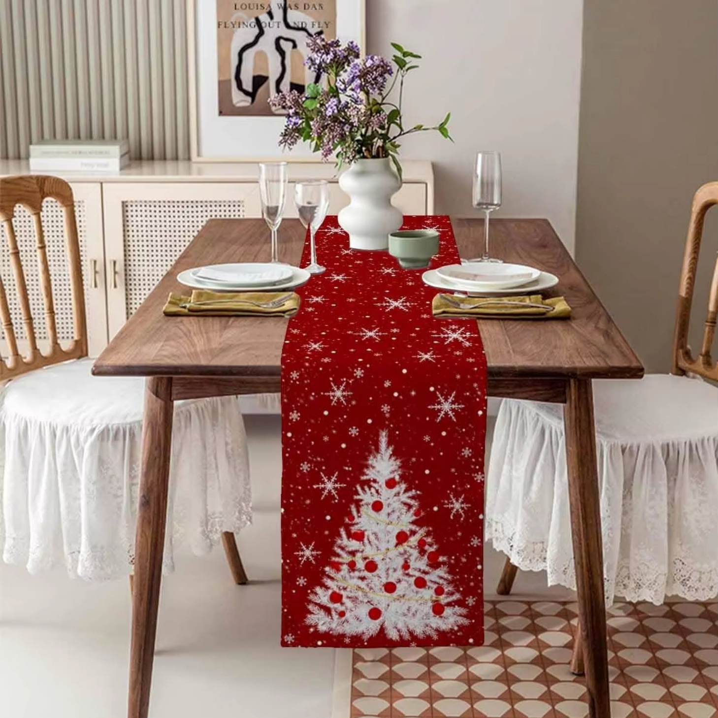Red Table Runner Christmas Tre - Christmas Table Runner ulasan dan harga