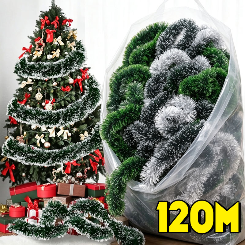 Green White Snow Christmas Tin - Tinsel Garland Decoration ulasan dan harga