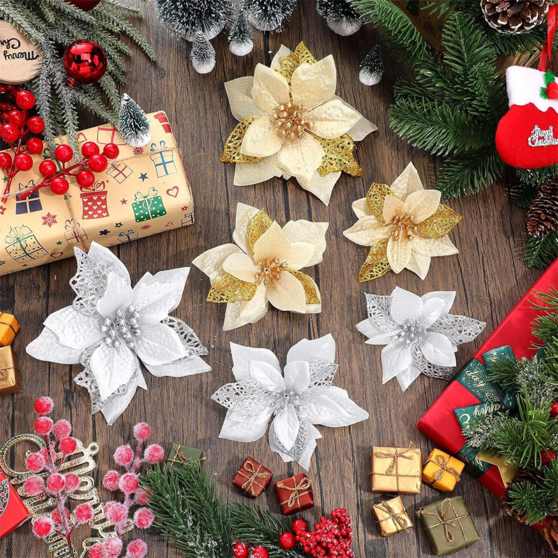 10Pcs Glitter Artificial Flowe - Christmas Wreath Fake ulasan dan harga